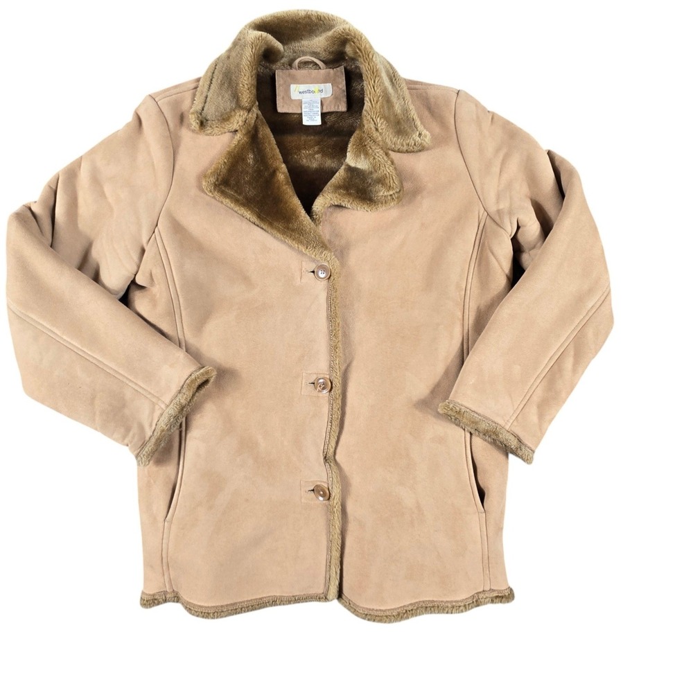 Westbound Faux Suede Shearling Jacket Womens Medium Tan Brown Faux Fur Trim Coat